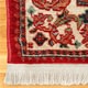 Red patterned oriental rug with fringe laying on a hardwood floor. 