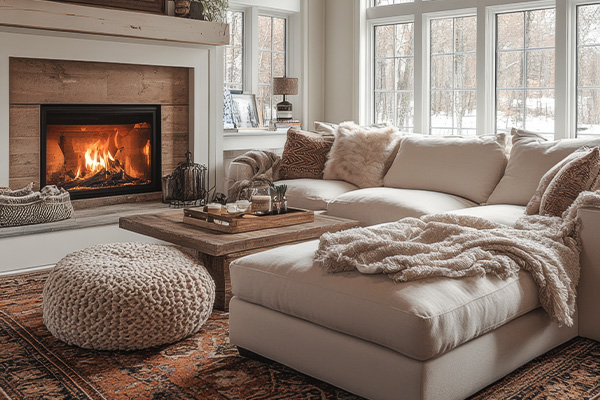 photo of living room with fireplace decorated for holidays