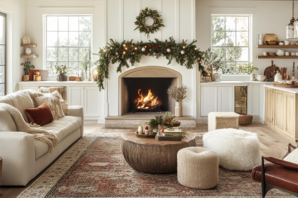 YourFloors photo of living room with fireplace decorated for holidays