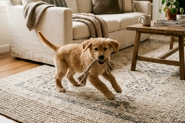 golden retriever puppy with rope on rug