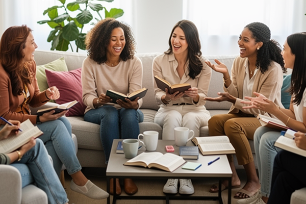 women laughing at book club in living room