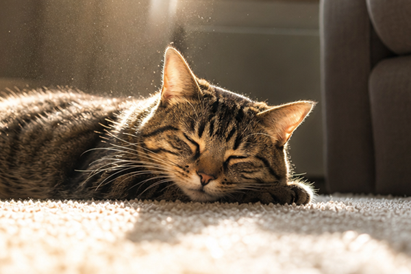 sleepy kitty laying on carpet in sunlight