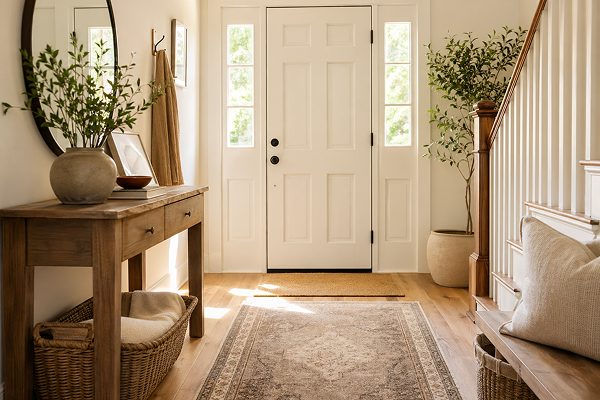 foyer with rug and hardwood floors