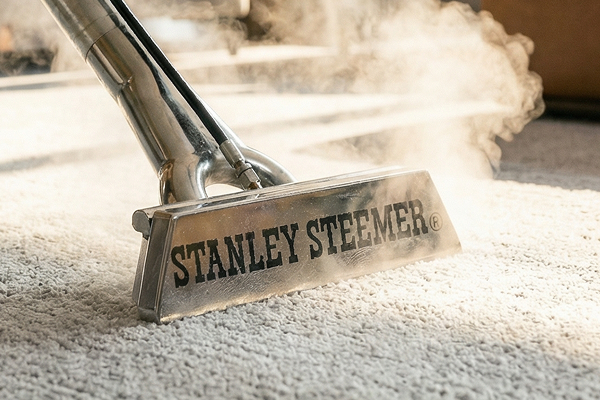 stanley steemer wand on carpet with steam billowing